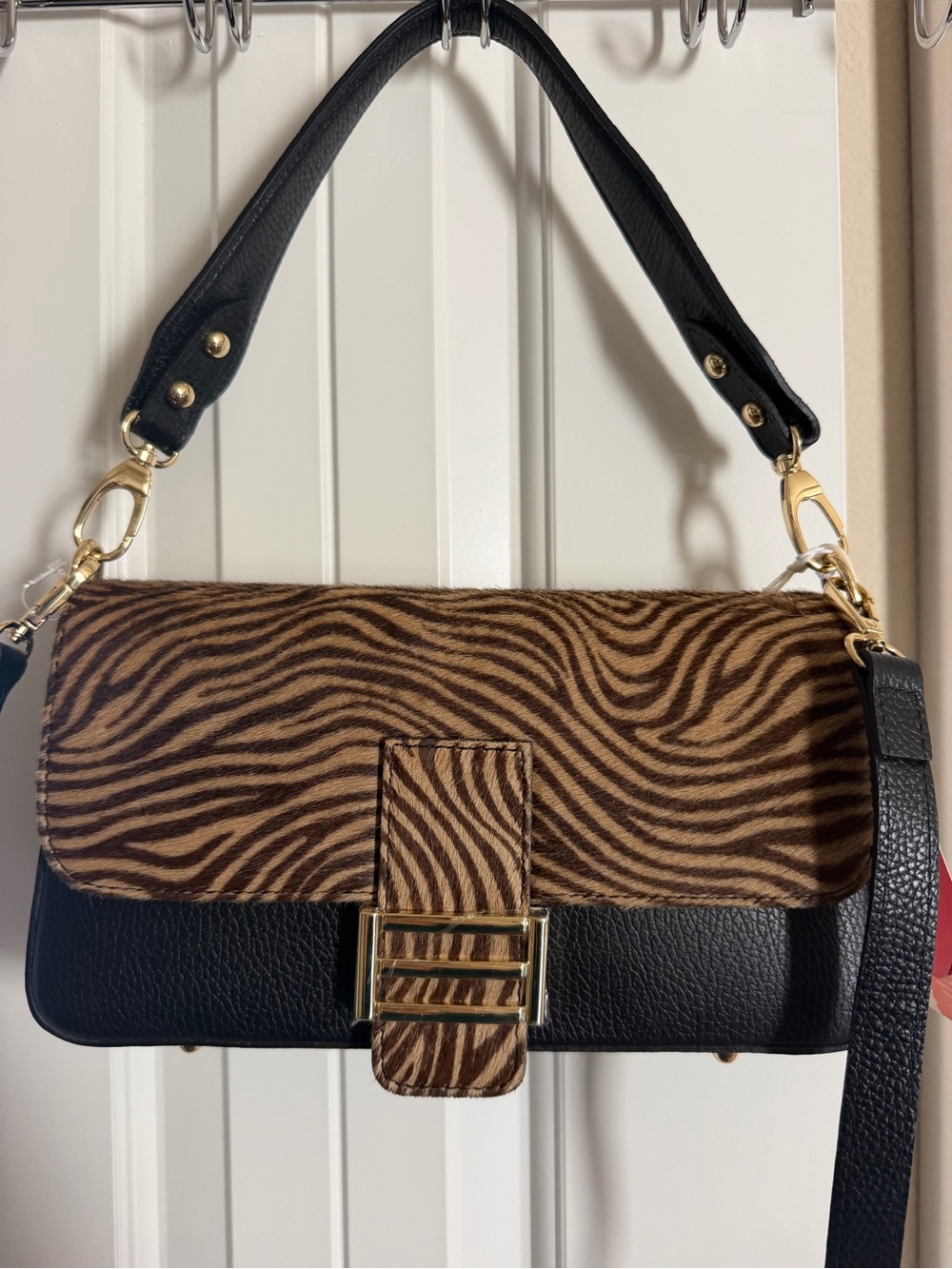 Italian made Black and Brown Zebra-Print Shoulder Bag